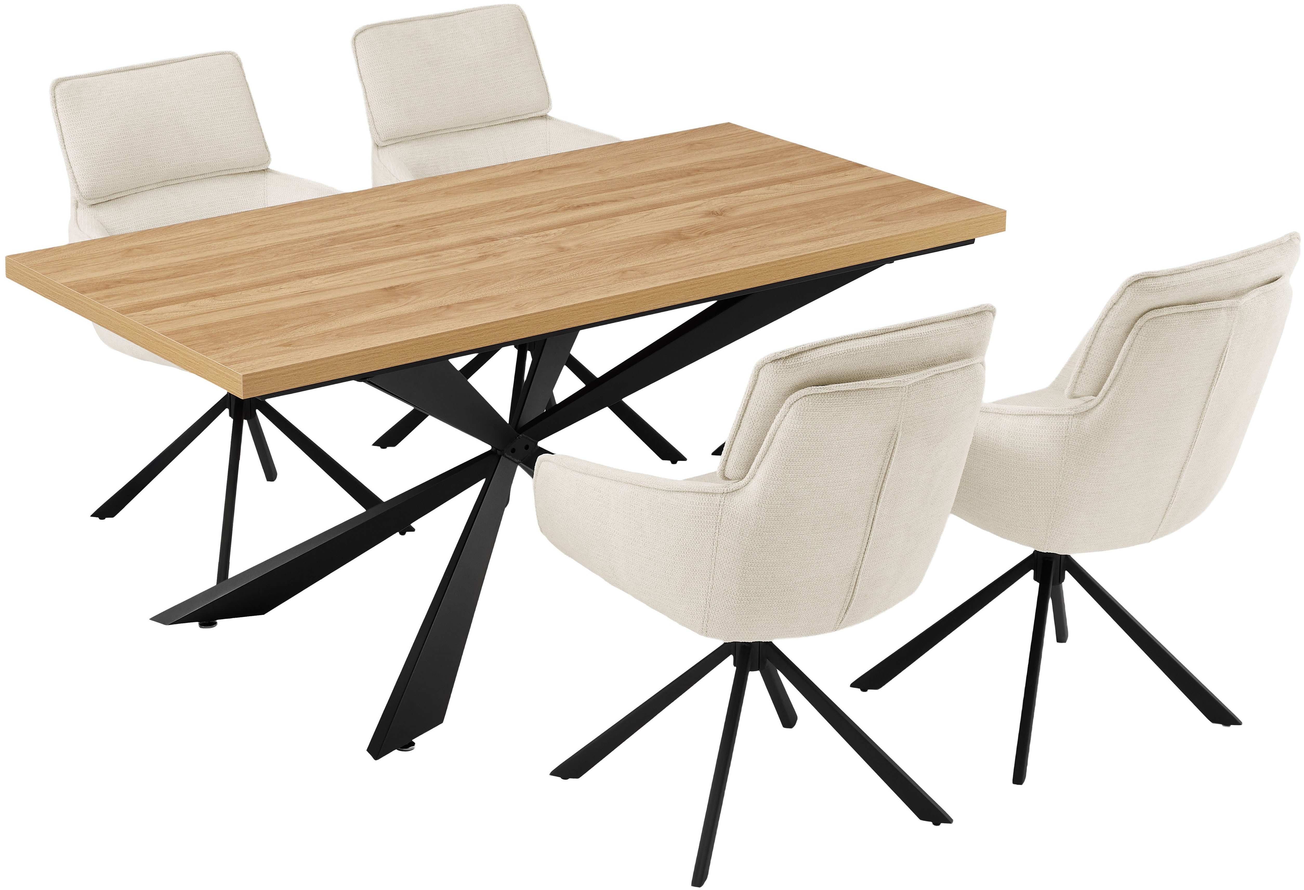 OTTO home Essgruppe Cusey, besteht aus einem Esstisch und vier Stühlen, (Set, 5-tlg., Stühle drehbar, Esstisch 160 cm, 4 cm starke Tischplatte), kratzfester Tisch in Holzoptik, drehbare Stühlen, atmungsaktivem Stoff