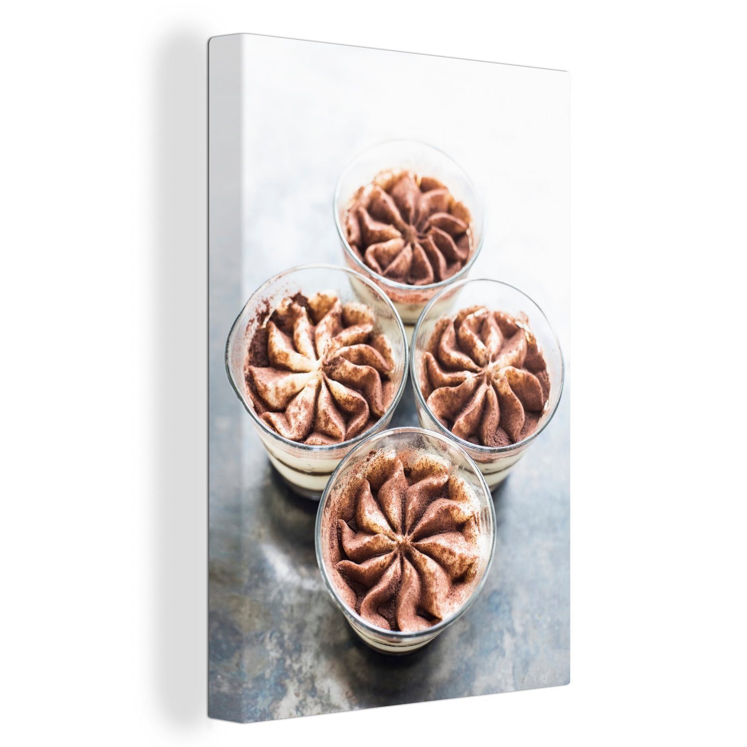 OneMillionCanvasses® Leinwandbild Vier kleine Tiramisu-Desserts in Glasbechern mit einer Form, (1 St), Leinwandbild fertig bespannt inkl. Zackenaufhänger, Gemälde, 20x30 cm