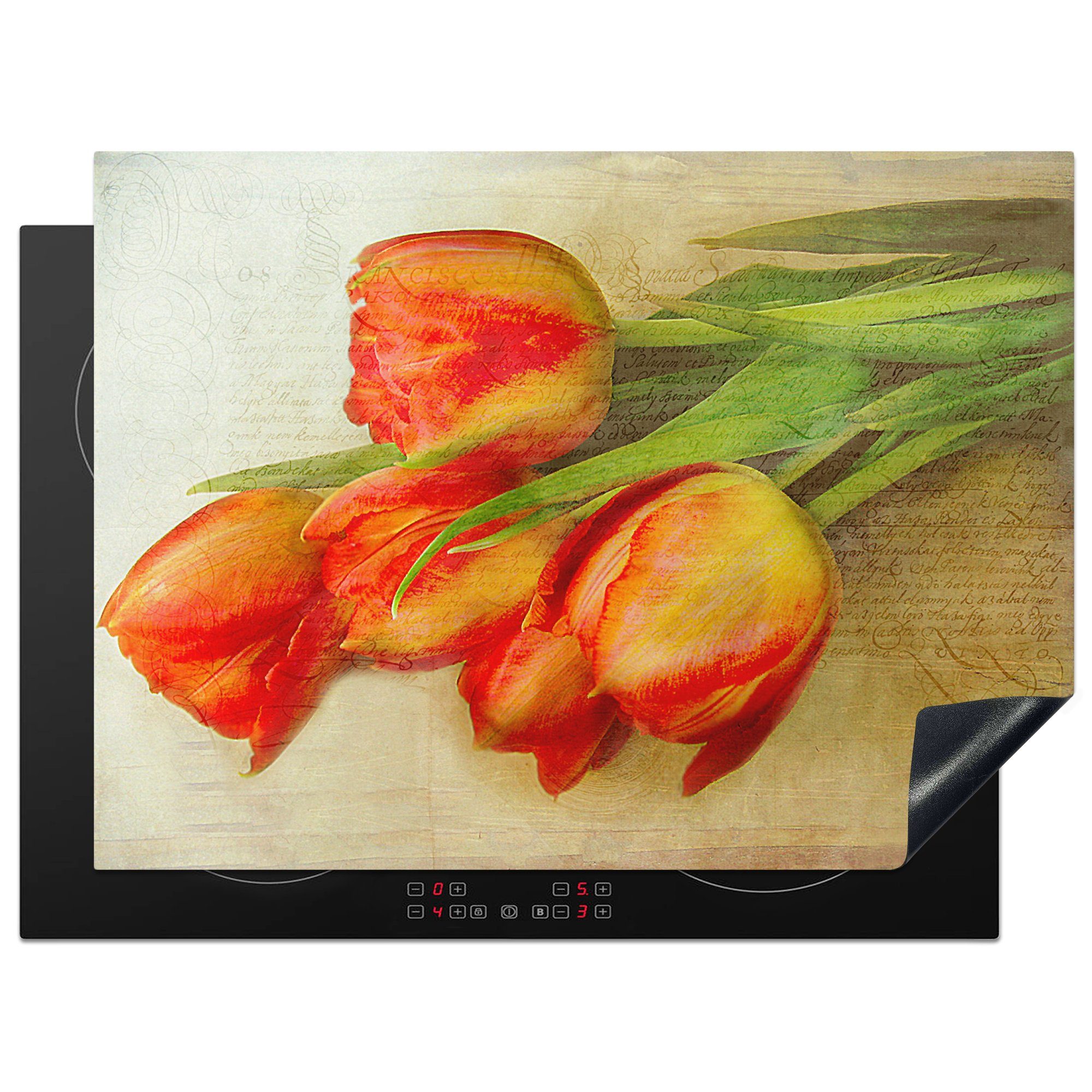 Vinyl, von nutzbar, tlg), cm, Eine MuchoWow einem Tulpen hellen, Illustration orangefarbenen Mobile 70x52 (1 Herdblende-/Abdeckplatte Ceranfeldabdeckung auf Arbeitsfläche