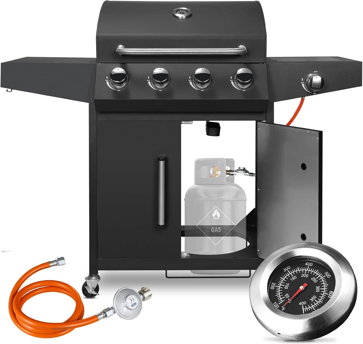 TLGREEN Gasgrill 4+1 Brenner,15 kw Gas Grillwagen BBQ mit Seitenkochfeld, Standgrill DE I3B/P(50) Gasdruckregler, Grillküche Camping Garten(Butan/Propan)