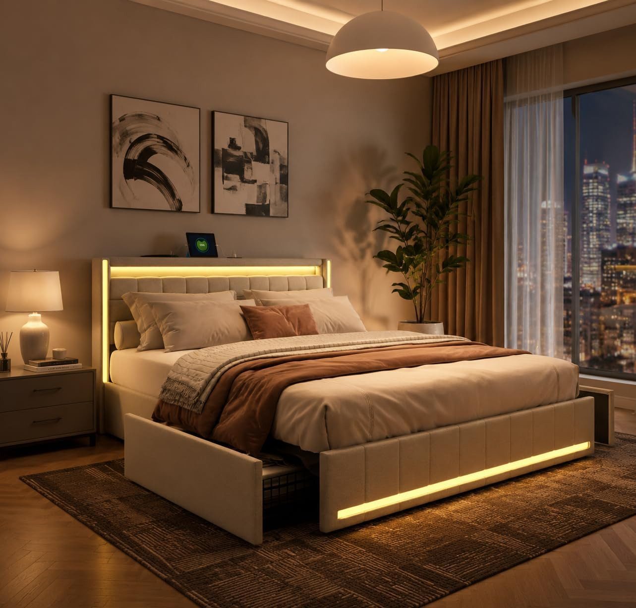 Simurq Polsterbett 160x200cm LED-Kopfteil 4 Schubladen USB Beige (USB-Ladeanschluss), LED‑Kopfteil,4 Schubladen,USB,Beige,Lattenrost