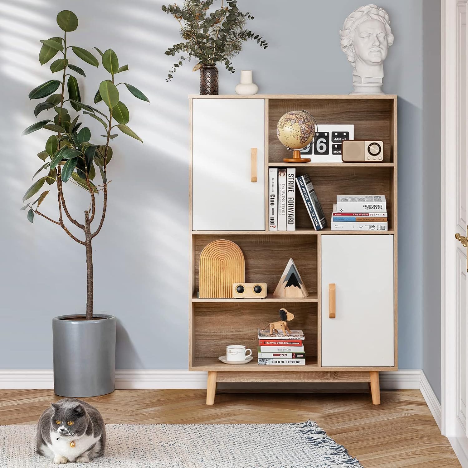 KOMFOTTEU Bücherregal Bücherschrank, mit 2 Türen und 4 offene Regale, 80x24 günstig online kaufen