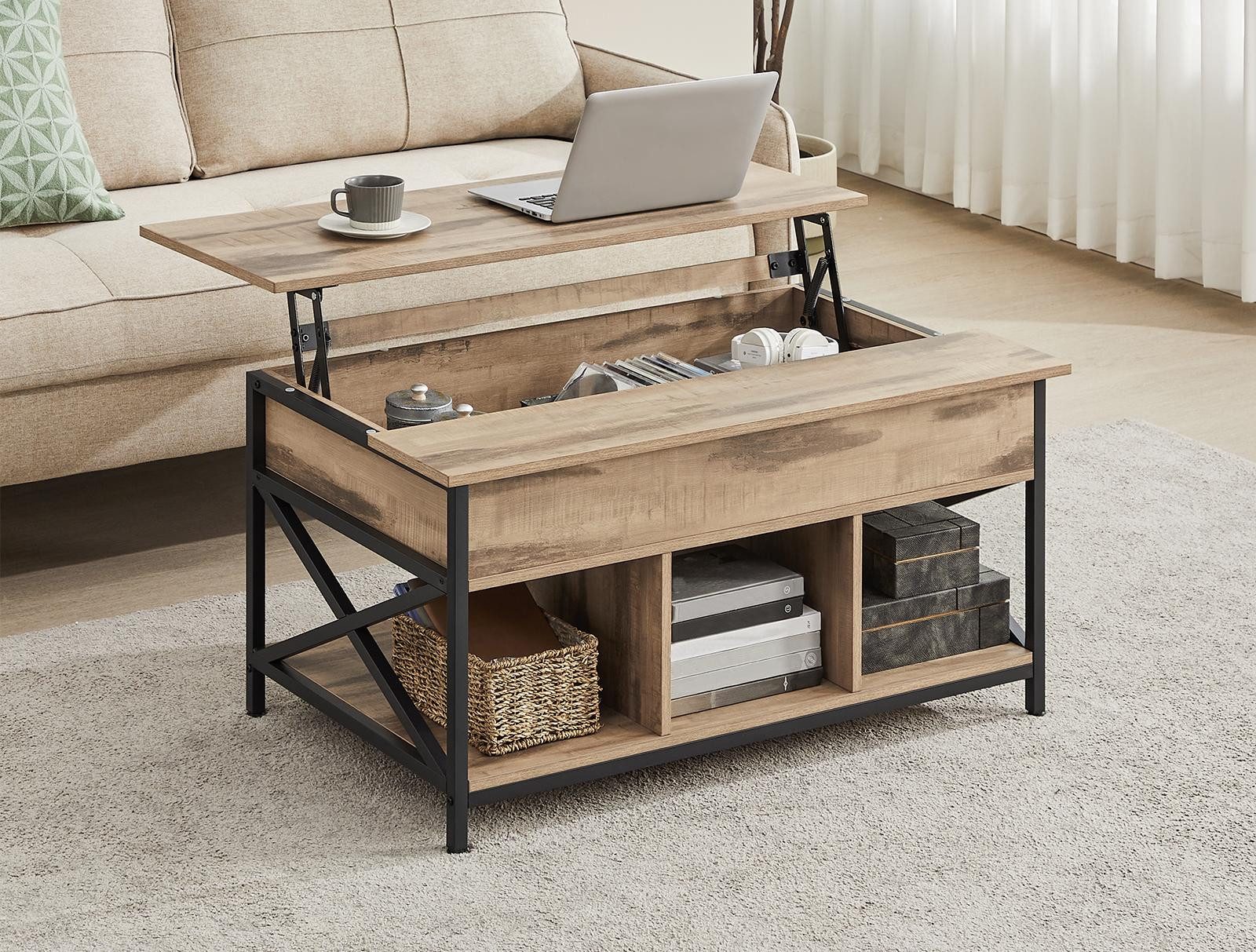 VASAGLE Couchtisch höhenverstellbar, Wohnzimmertisch, sofatisch (inkl. Zubehörpaket & Anleitung) aufklappbar), offener und versteckter Stauraum, 60 x 100 x (48-62) cm, Kaffeetisch