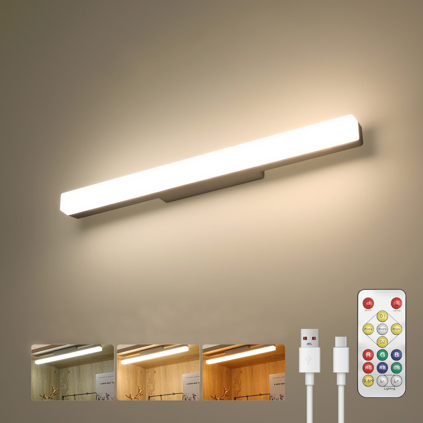 oyajia LED Spiegelleuchte 40cm Spiegelleuchte, 4000mAh Akku Magnetische Wandlamp Spiegellamp, LED fest integriert, Warmweiß, Naturweiß, Kaltweiß, LED Wandleuchte Schminklicht, USB-Aufladung Schrankleuchten