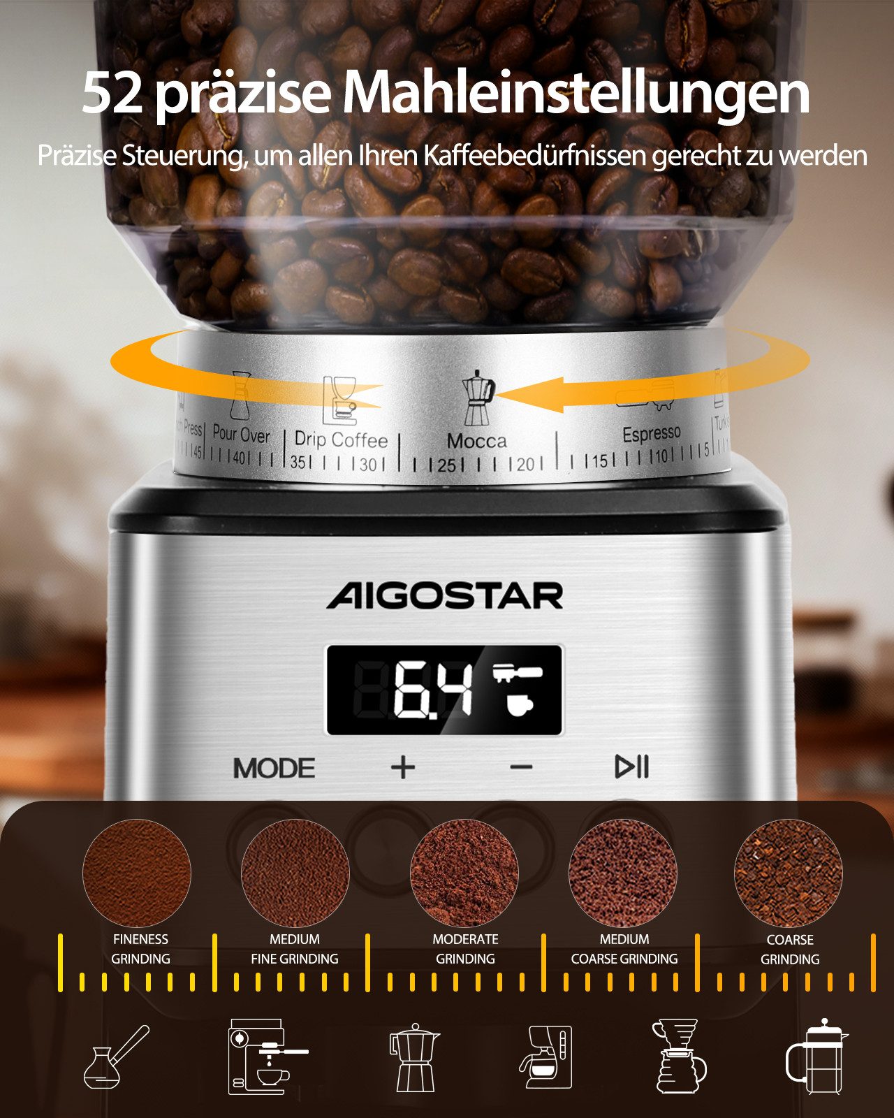 Aigostar Kaffeemühle Professionelle Coffee Grinder mit 52 Mahleinstellungen, Kegelmahlwerk, 180,00 W, Kegelmahlwerk, 320,00 g Bohnenbehälter, Geeignet für Espresso, mit Präzisem Digital Display, Edelstahl