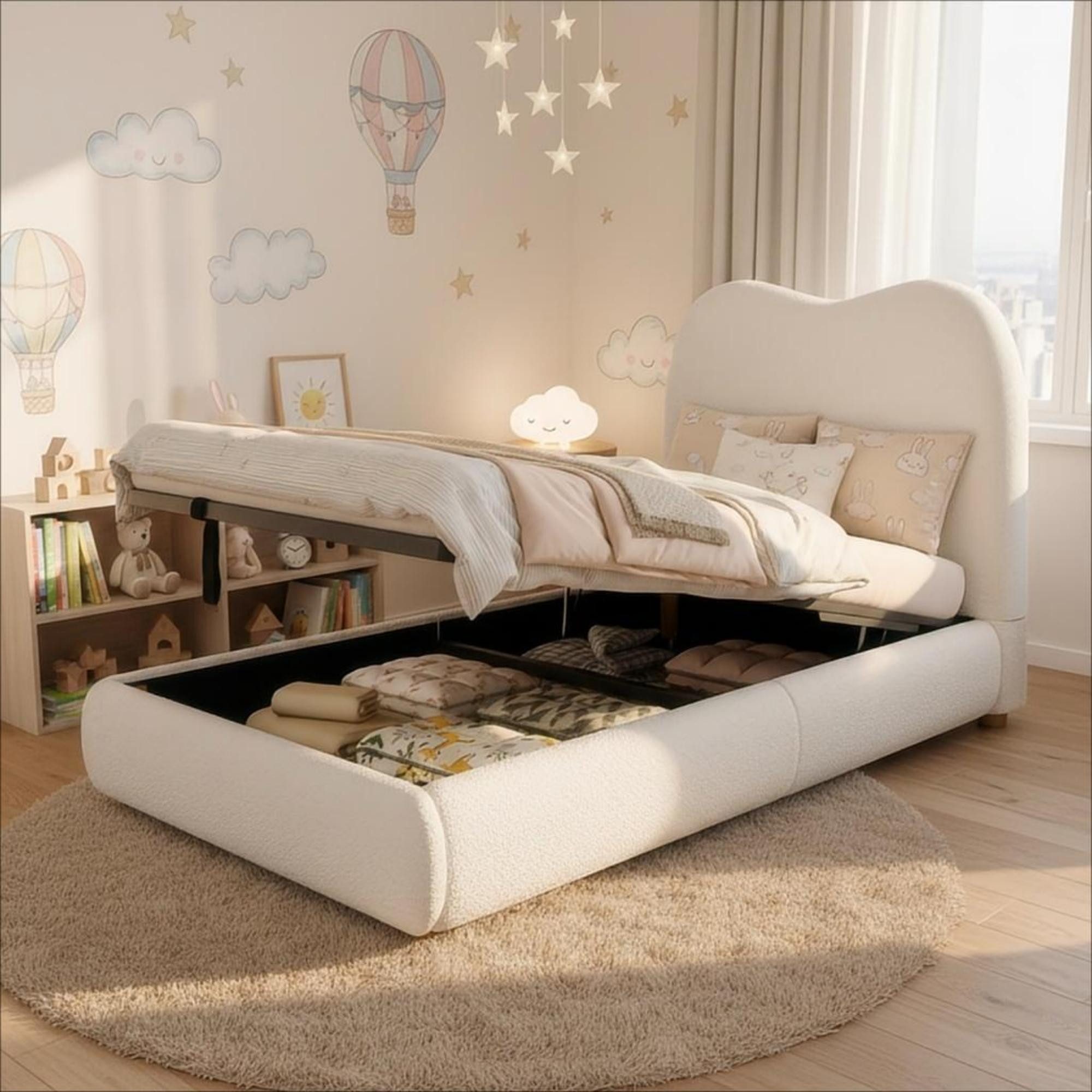 OKWISH Polsterbett Polsterbett 90x200 cm mit Stauraum aus Bouclé - kindgerechtes Design (Einzelbett, Funktionsbett, 1-tlg., hydraulisches Funktionsbett, gepolstertes Kopfteil), Bett mit Lattenrost, Kopfteil und großem Stauraum