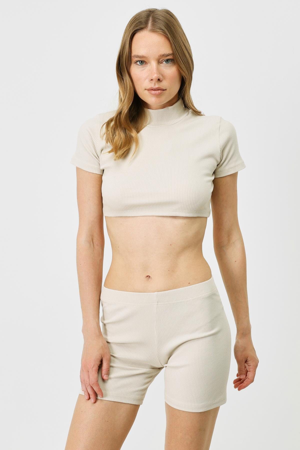 C&CITY Kurzarmbody Damen Kurzarm Crop Rippbluse