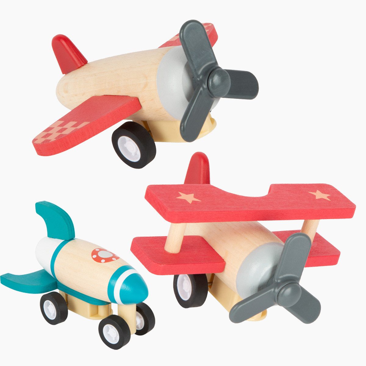 small foot GmbH & Co. KG Spielzeug-Flugzeug Rückziehflieger-3er Set, (Packung, 3-tlg., Set umfasst Flugzeug, Doppeldecker und Rakete), Set umfasst Flugzeug, Doppeldecker und Rakete