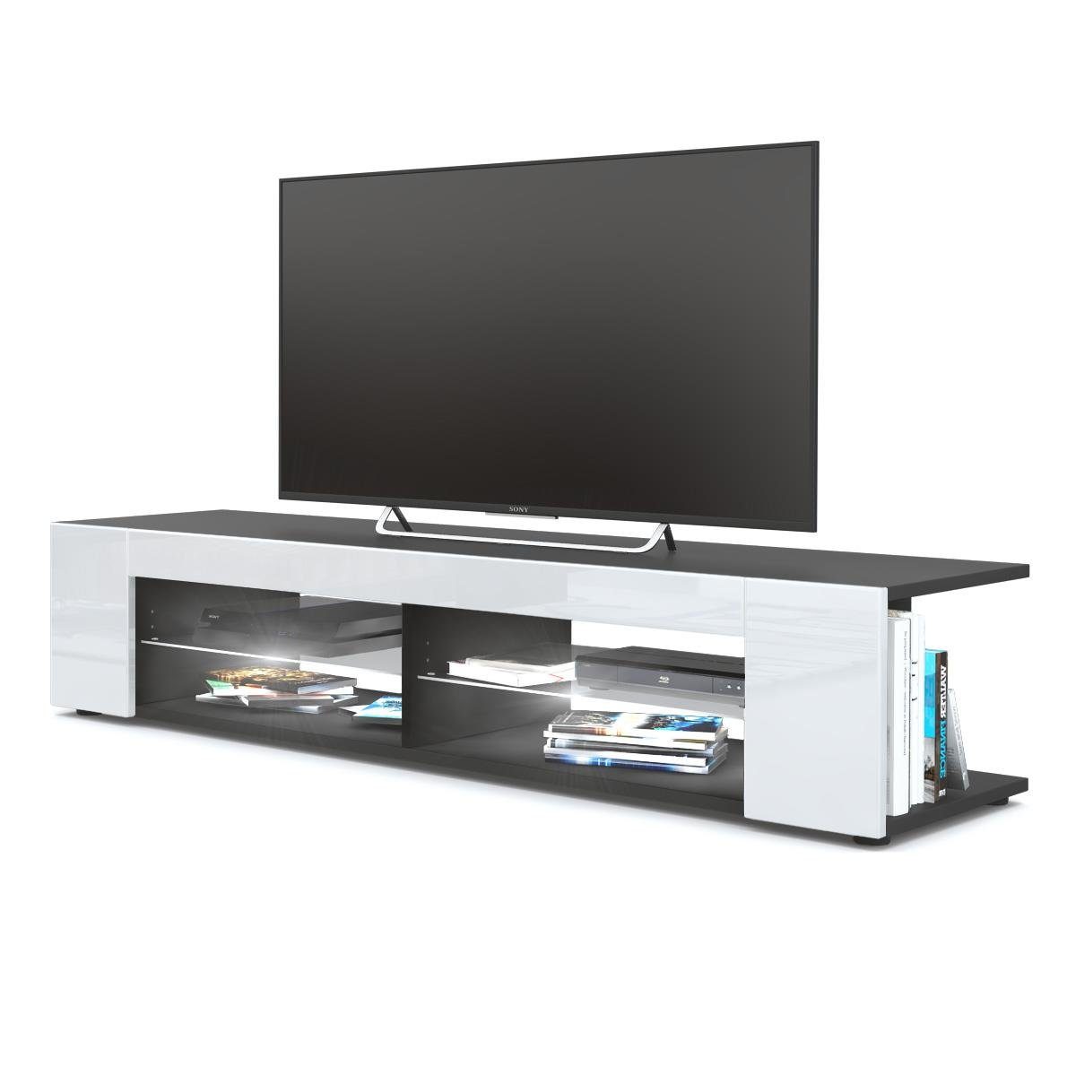 Vladon Lowboard Movie (TV-Kommode, mit 4 offenen Fächern und Zierleisten), Schwarz matt/Weiß Hochglanz, inkl. LED-Beleuchtung weiß (134x29x39 cm)