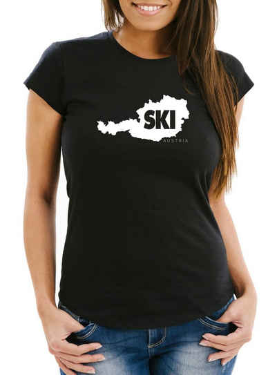 MoonWorks Print-Shirt Damen T-Shirt Ski Austria Österreich Wintersportler Landkarte Ski-Urlaub Ski-Fahrer Slim Fit Moonworks® mit Print