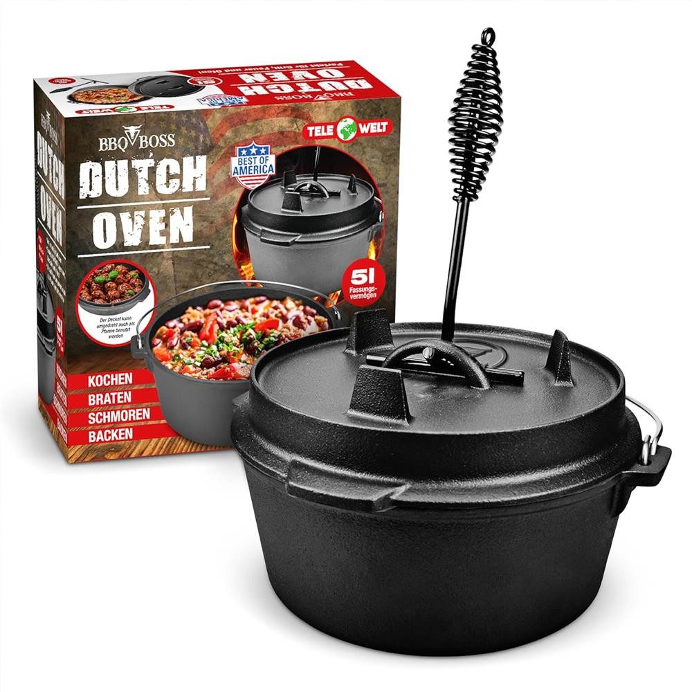 BBQ Boss Grilltopf Dutch Oven 5L Gusseisen Topf Schmortopf Feuertopf Gulaschkessel, Gleichmäßige Wärmeverteilung und lange Wärmespeicherung