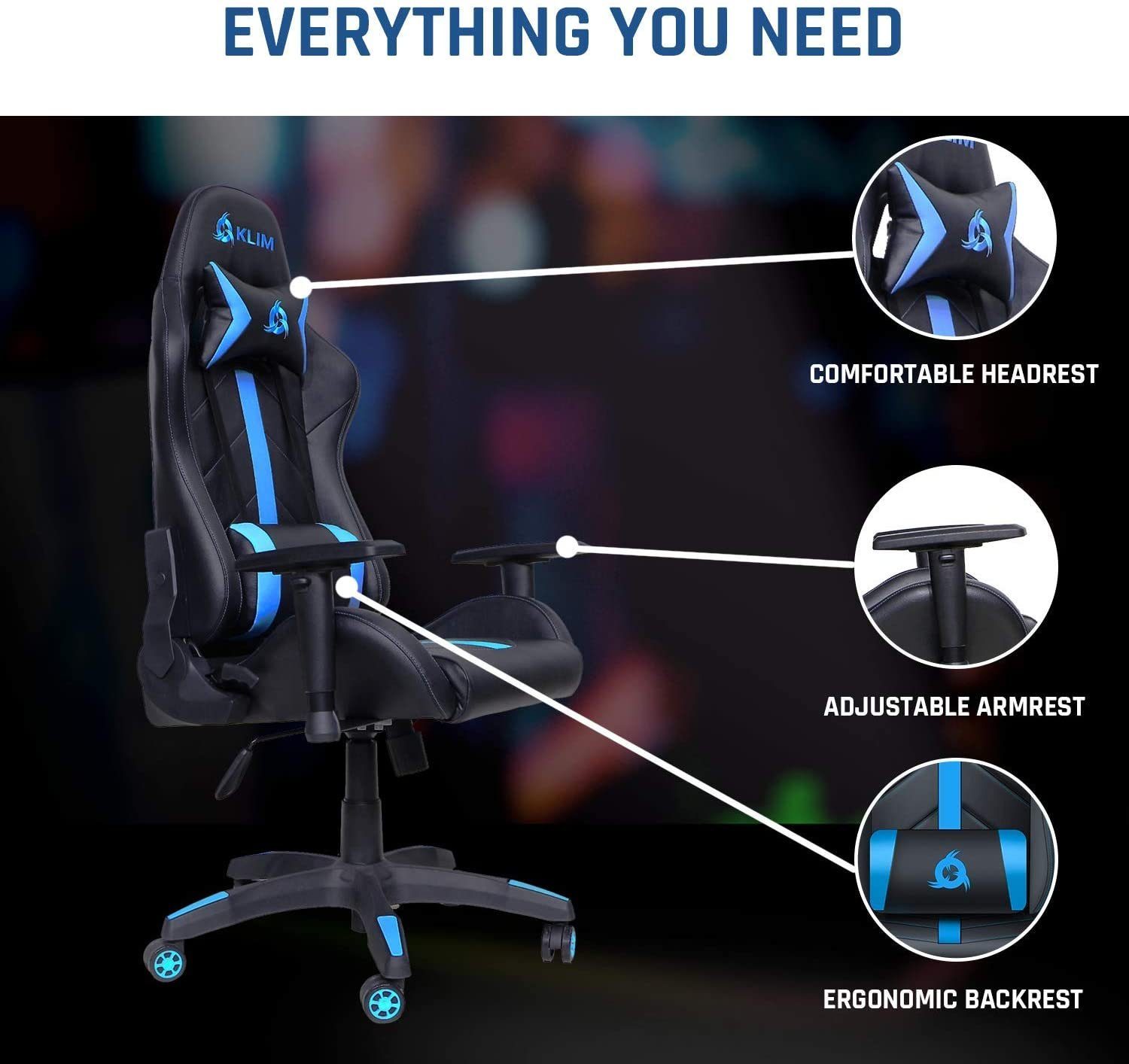 Gaming KLIM Gaming-Stuhl Blau Gaming Ergonomischer Stylischer Qualität, Hochwertige fürs Sitzmöglichkeit, 1st Stuhl Stuhl,