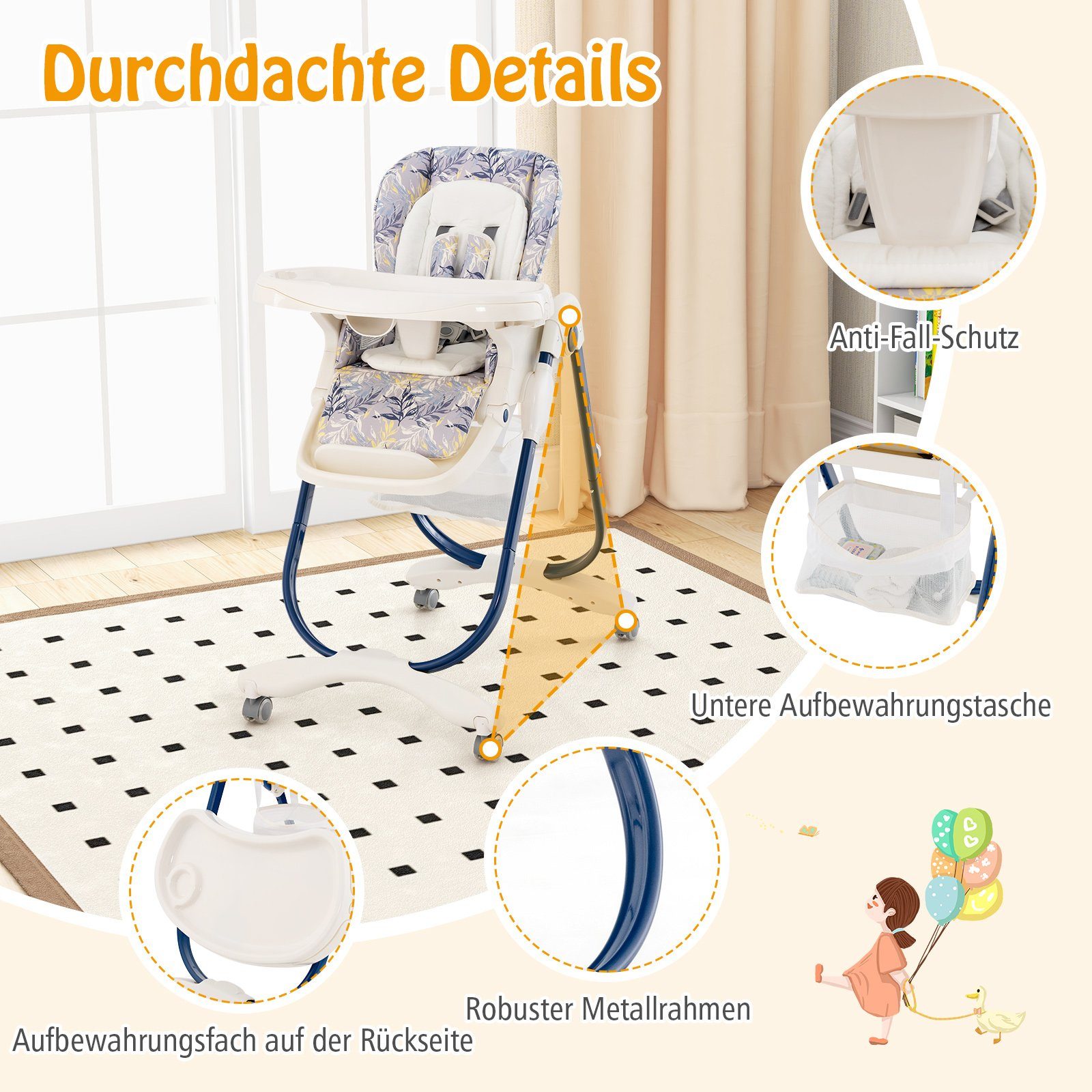 COSTWAY High Chair Baby Chair, Foldable, Adjustable, with Reclining Function & Wheels