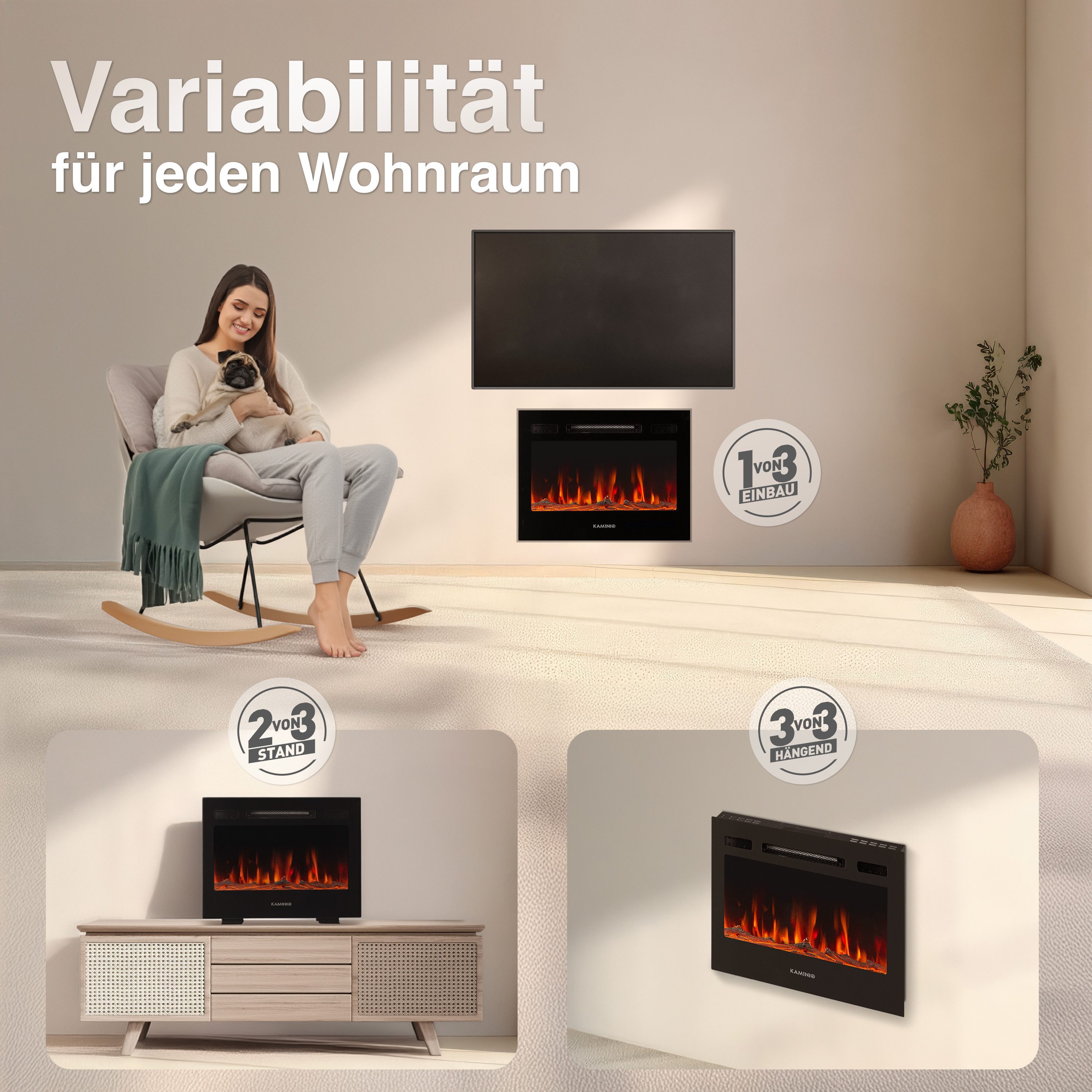 KAMINIO Elektrokamin MARLON, 3in1 Kamin: Elektrischer Stand-, Wand- und Einbaukamin, Heizung 1800W