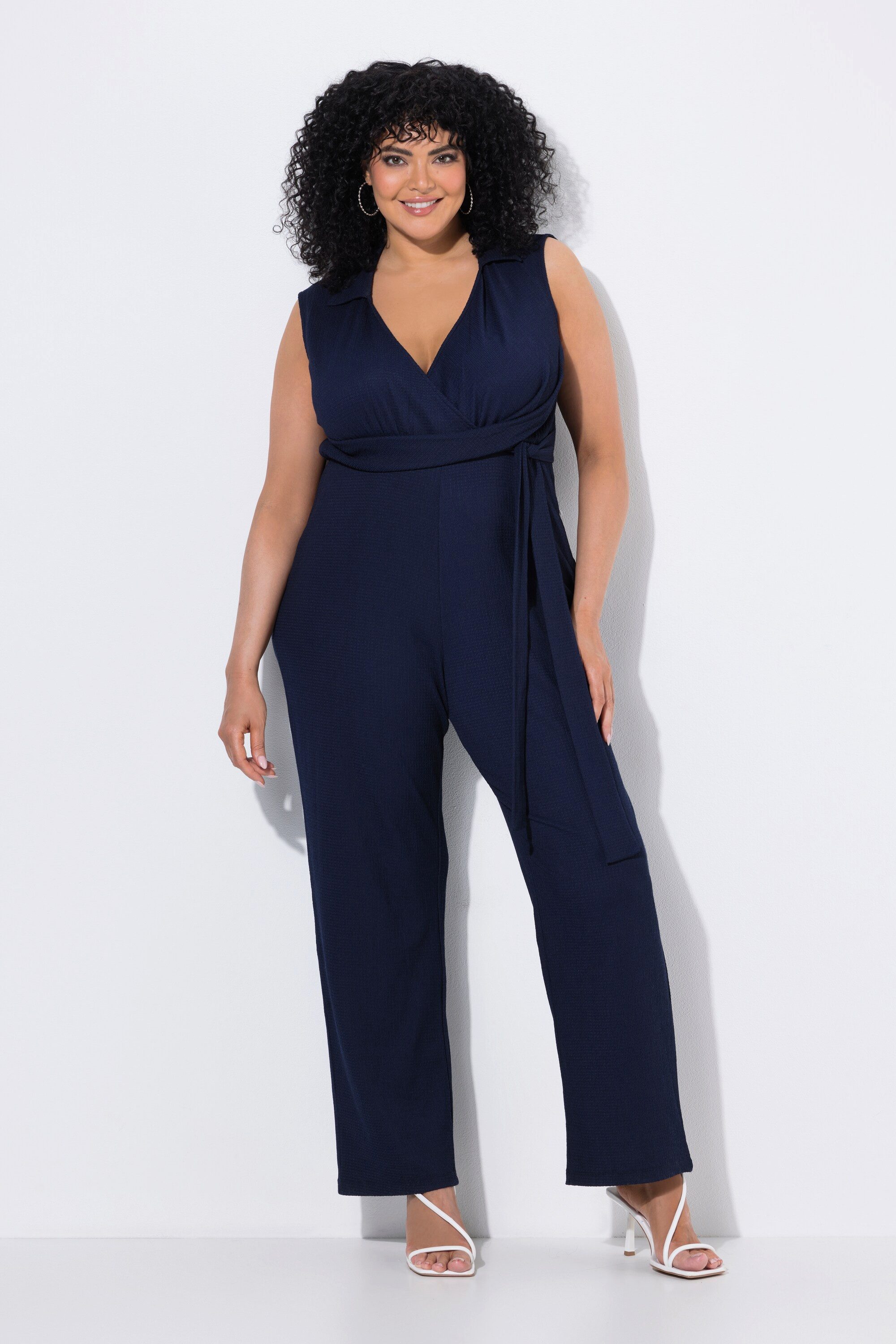 Ulla Popken Funktionshose Jumpsuit Wickeloptik weites Bein V-Ausschnitt