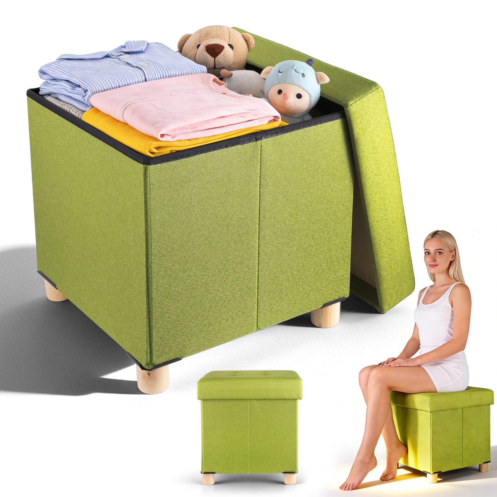 BlingBin Sitzhocker Platzsparender klappbarer Sitzhocker mit viel Stauraum und Deckel (1 Stück, 1 St., 38 x 38 x 40 cm (B/H/T), gepolsterter Kubushocker mit Holzfüßen für Wohnzimmer und Schlafzimmer