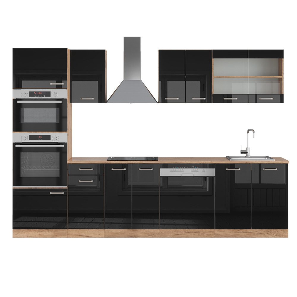 Vicco Küchenzeile R-Line Schwarz Hochglanz/Eiche 300cm + Hochschrank ohne Arbeitsplatte