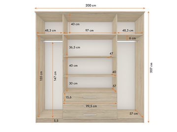 MOEBLO Drehtürenschrank RUTH 4D (mit Spiegel und Schubladen, Kleiderschrank 4-türig Schrank Garderobe Schlafzimmer) (BxHxT):200x210x64cm
