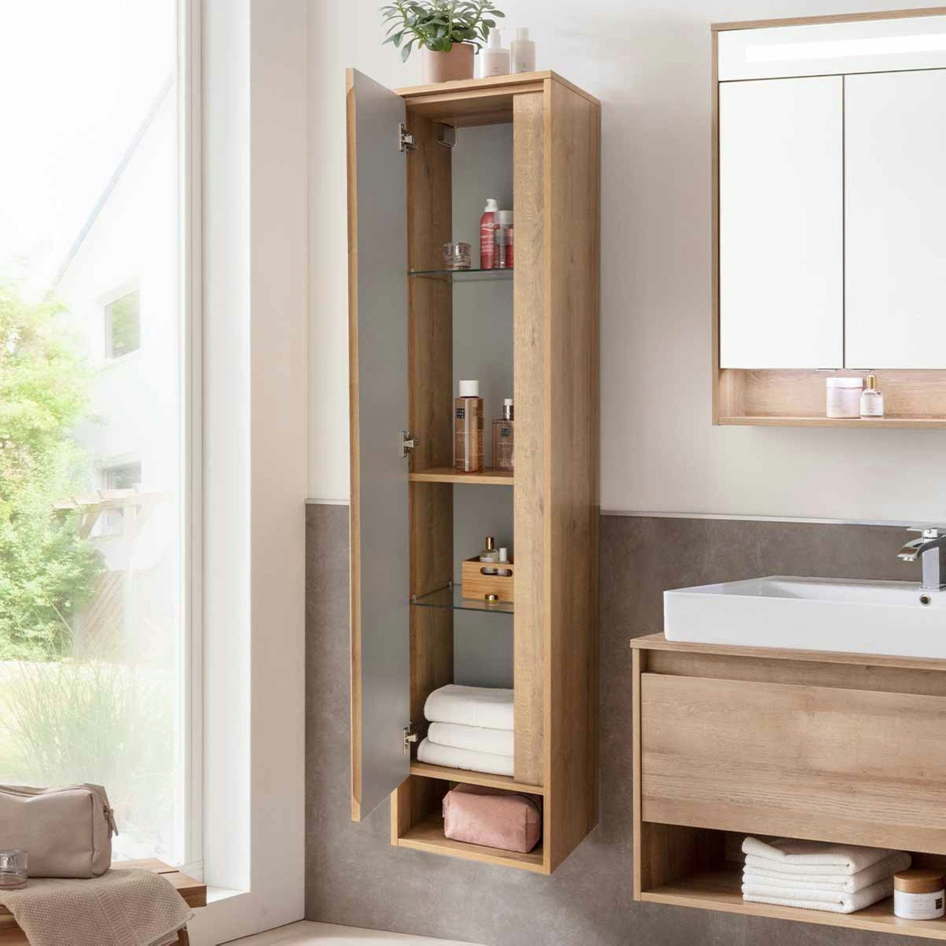 FACKELMANN Badmöbel-Set NATURA 94 cm, Braun hell+Spiegelschrank+Midischrank+Hochschrank