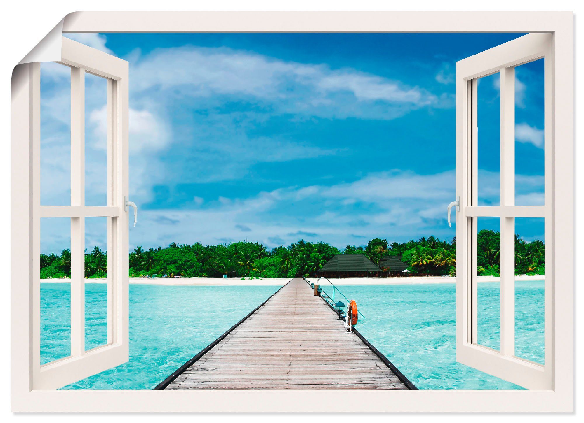 Artland Wandbild Fensterblick maledivischen Paradies, Fensterblick (1 St), als Leinwandbild, Wandaufkleber oder Poster in versch. Größen