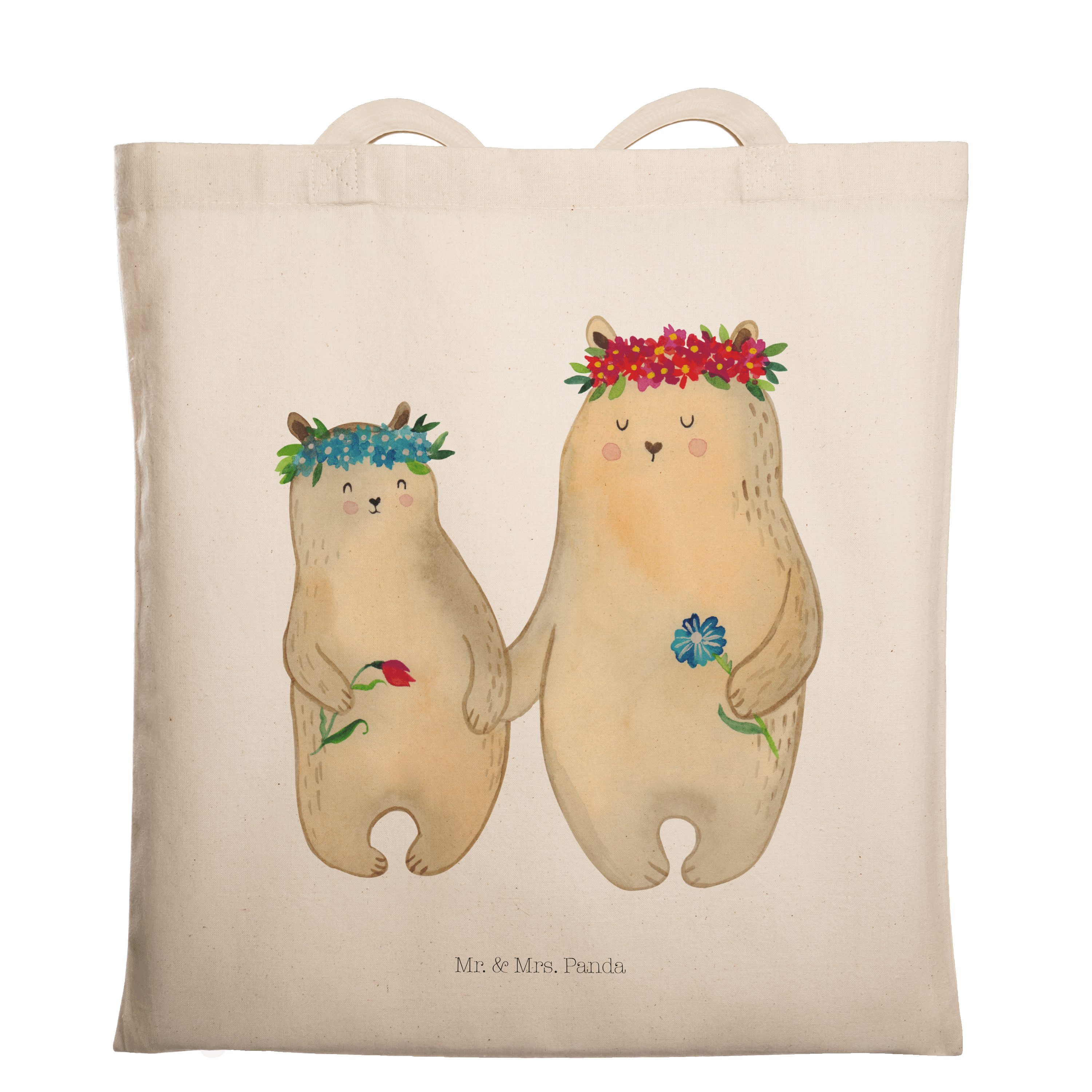 Mr. & Mrs. Panda Tragetasche Bären mit Blumenkranz - Transparent - Geschenk, Einkaufstasche, Freun (1-tlg)