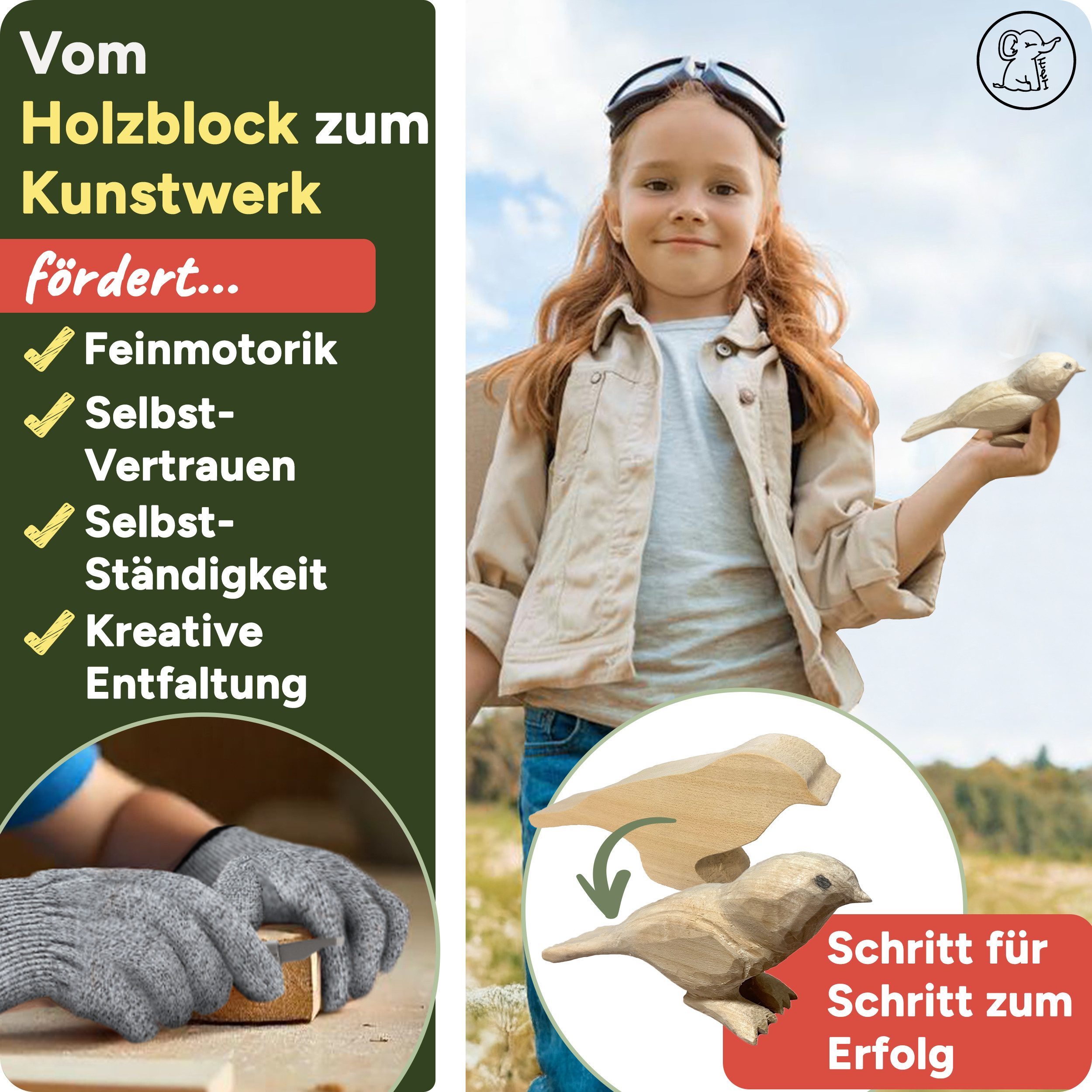 Eli Taschenmesser Schnitzmesser Kinder - Kindermesser - Schnitzset - Kindertaschenmesser, (Schnitzrohling Vogel - schnittfeste Handschuhe - Beidhändig - rostfreier Stahl, 17 St., Kinderschnitzmesser - Griffe aus Buchenholz), Schnitzwerkzeug - Outdoor Messer