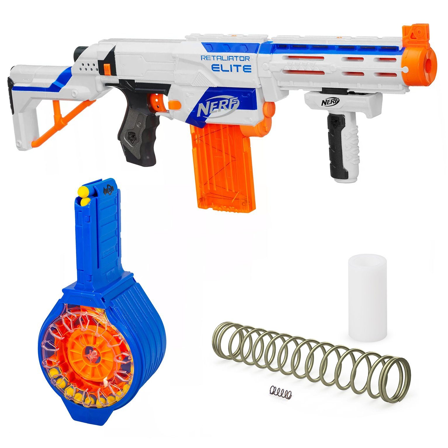 Blasterparts Blaster Tuning-Mega-Pack inkl. NERF Retaliator Blaster,Tro, Mega Komplett - Bundle mit Blaster, Tuning-Feder und 30er Magazin Trom
