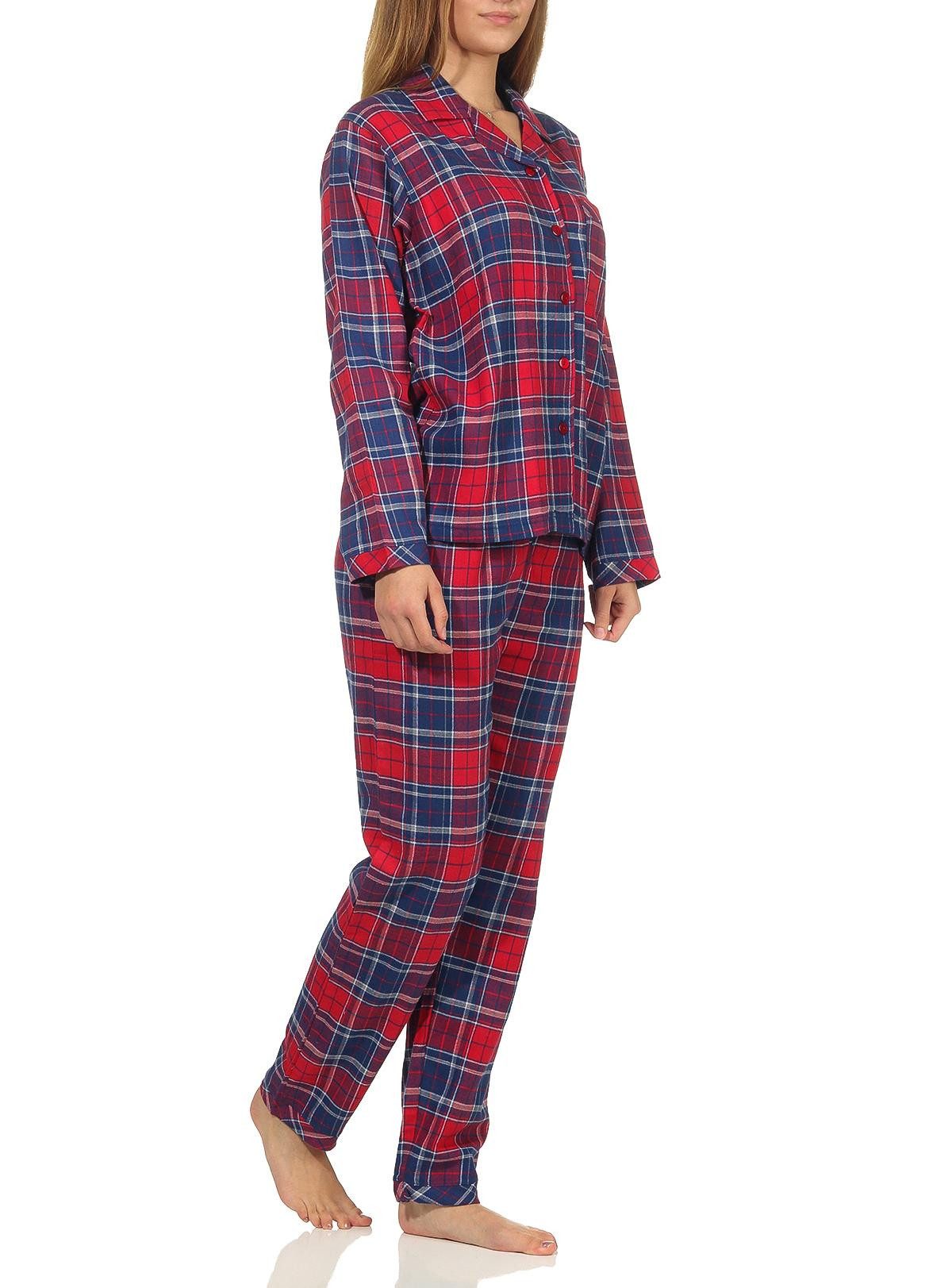 Normann Pyjama Damen Flanell Schlafanzug kariert mit Knopfleiste und Hemdkragen – Bild 2 von 3