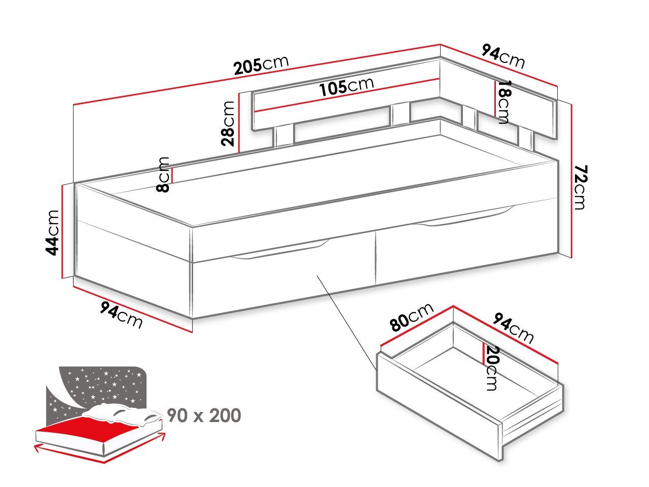 Weiß / Jugendbett P cm, L mit Sigma Weiß MIRJAN24 / + 90/120 Beton Ventilationsöffnungen mit 16 (Bettschublade Gummirädern), Platte
