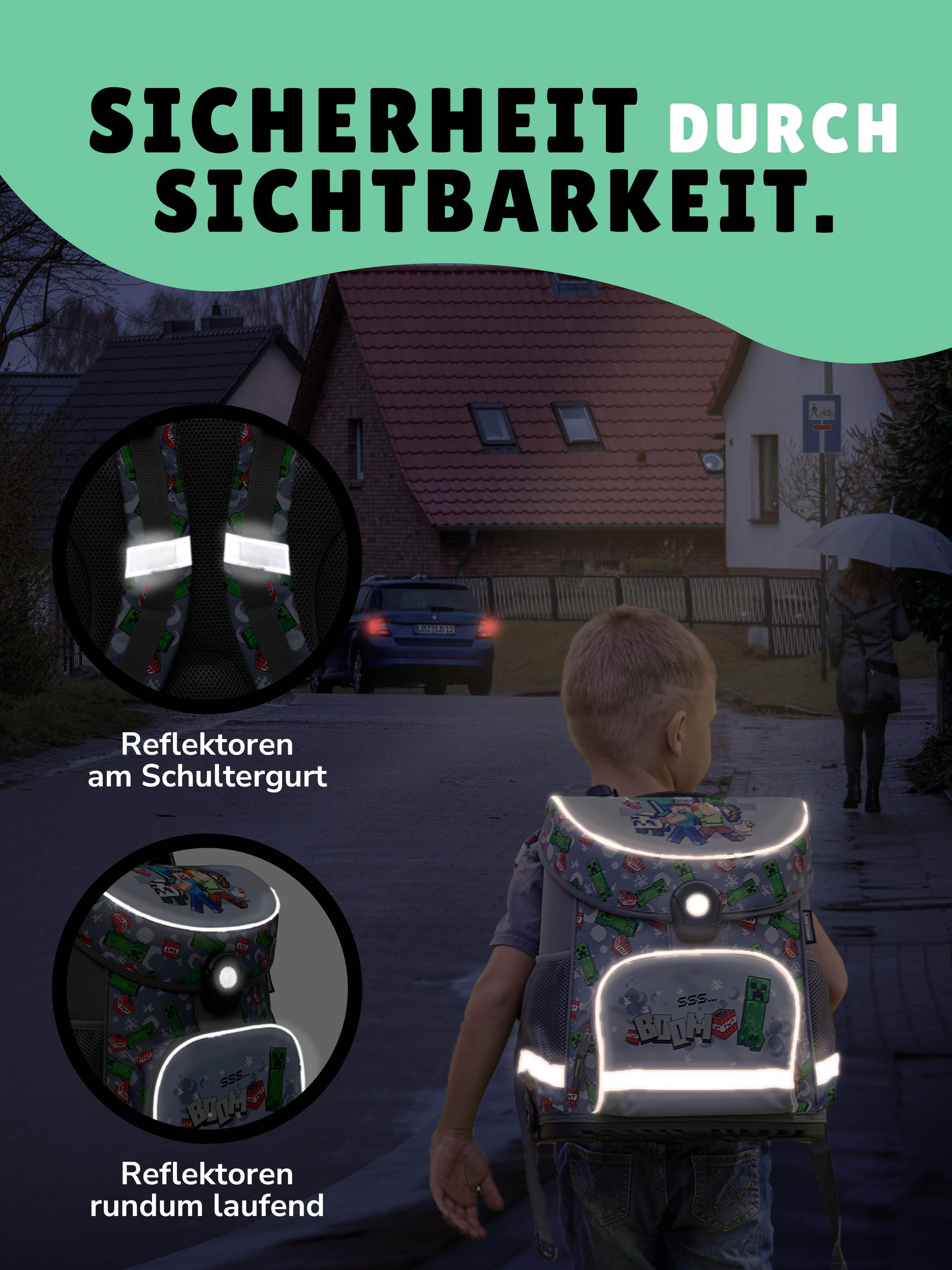 Familando Schulranzen Minecraft 1.-4. Klasse ergonomisch, geräumig, Volumen 18 Liter (Set, 6-tlg., inkl. Federmäppchen und Sporttasche), MINECRAFT Motiv grau – Bild 4 von 5