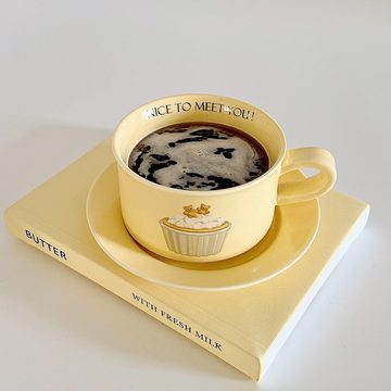 TWSOUL Tasse Einfaches 380-ml-Kaffeetassen- und Untertassen-Set, Kuchenbärenmuster