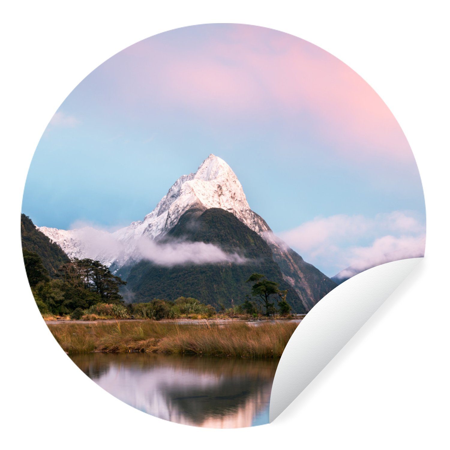 MuchoWow Wandsticker Neuseeland - Berg - Spiegelung (1 St), Tapetenkreis für Kinderzimmer, Tapetenaufkleber, Rund, Wohnzimmer
