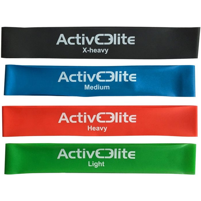 Activeelite Gymnastikband 4 verschiedene Fitnessbänder Trainingsbänder Gymnastikbänder Übungsbänder in einem Set (Leicht Mittel Schwer und EXTRA-Schwer) Aus 100% Naturlatex mit Transportbeutel für die Bänder