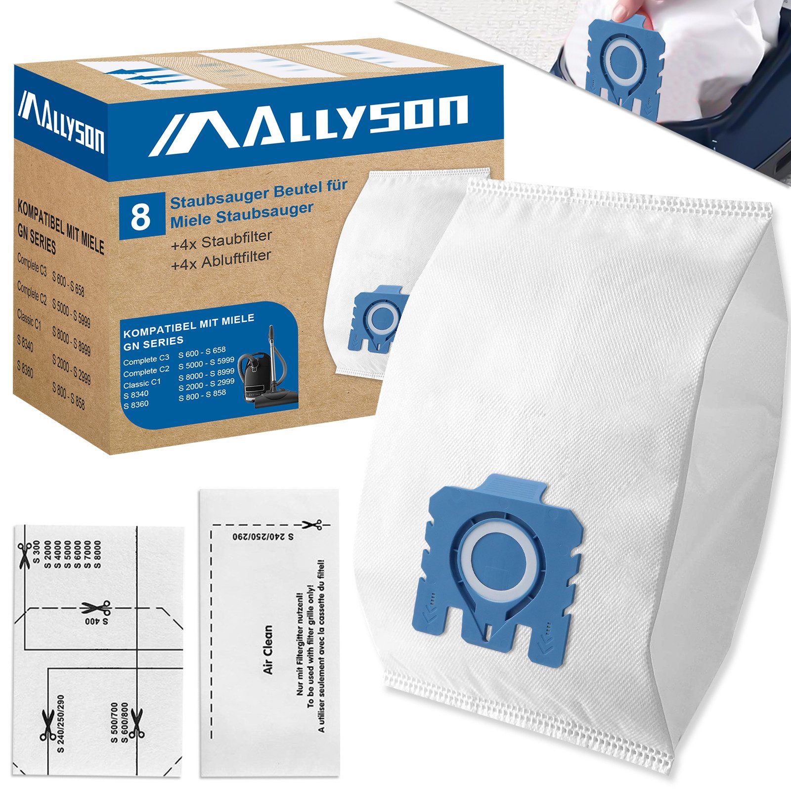 Allyson Staubsaugerbeutel Miele Ersatzfilter Staubsaugerbeutel, Ersatzfilter Set (8-16 Stück), passend für Miele C3, C1, GN, S5, Classic, HyClean, S 600 - S 8999, S8340 und S8360, 8 St., 5-Schicht Filter