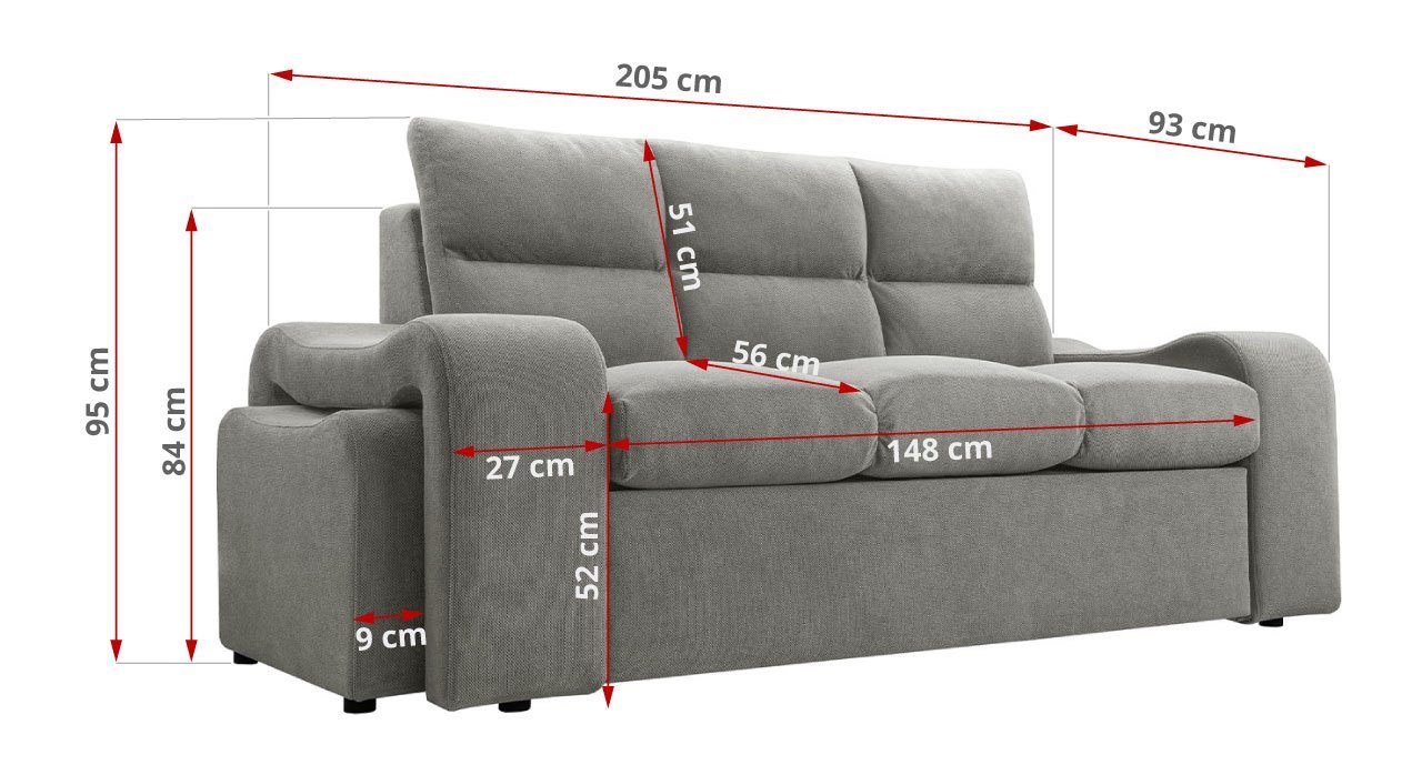 MKS zwei Sitzpuffs, Grau im VASTO, einer Wellenfeder Sofa Curio mit modernen auf MÖBEL Dreisitzer Stil,