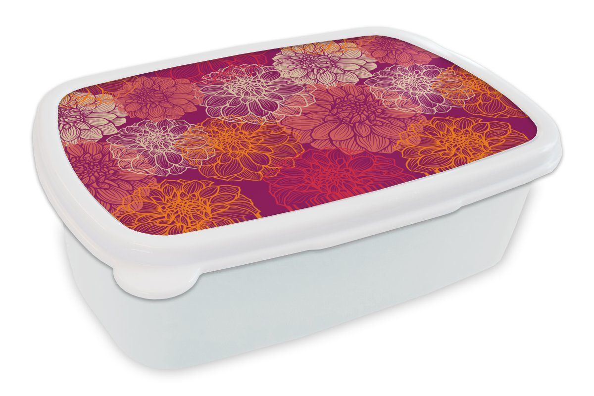 MuchoWow Lunchbox Blumen - Regenbogen - Dahlie - Muster, Kunststoff, (2-tlg), Brotbox für Kinder und Erwachsene, Brotdose, für Jungs und Mädchen weiß