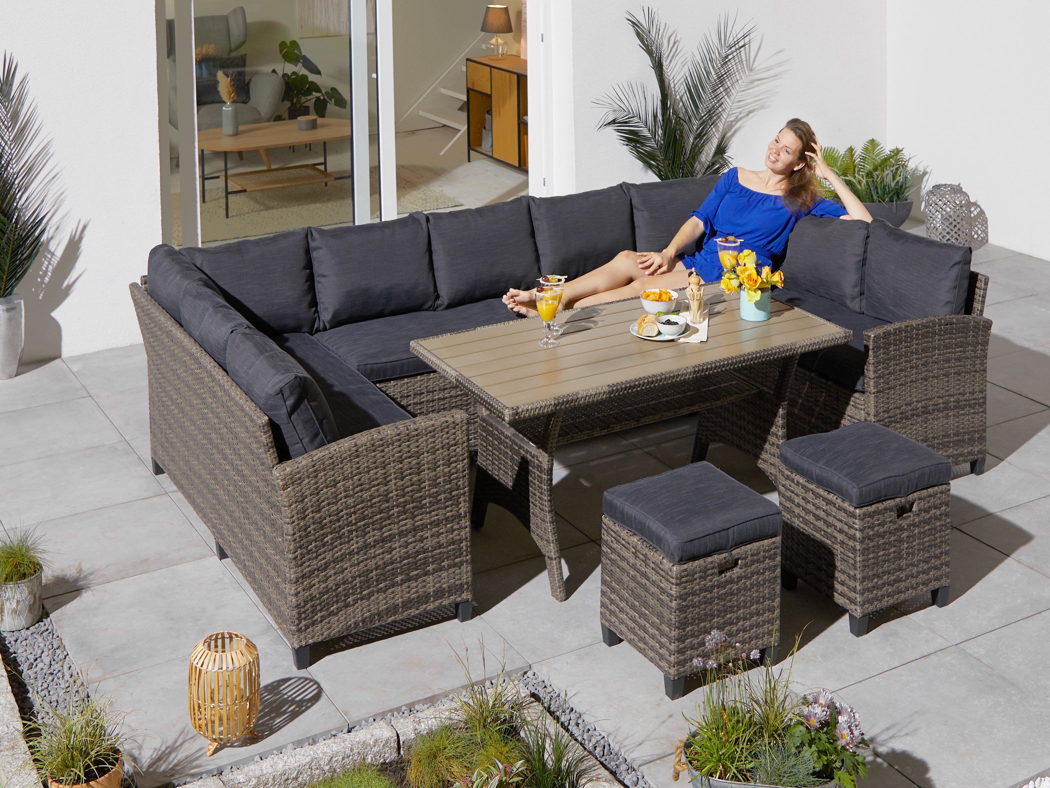 KONIFERA Gartenlounge-Set Rotterdam, (Set, 20-tlg., 3x 3er Sofa, 2x Табурети, 1x Tisch 120x82x67cm, inkl. Auflagen), Polyrattan, Stahl, Tischplatte aus Nonwood, Unser Dauertiefpreis