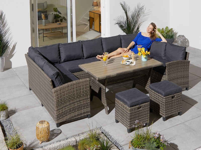 KONIFERA Gartenlounge-Set Rotterdam, (Set, 20-tlg., 3x 3er Sofa, 2x Hocker, 1x Tisch 120x82x67cm, inkl. Auflagen), Polyrattan, Stahl, Tischplatte aus Nonwood, geeignet für 11 Personen