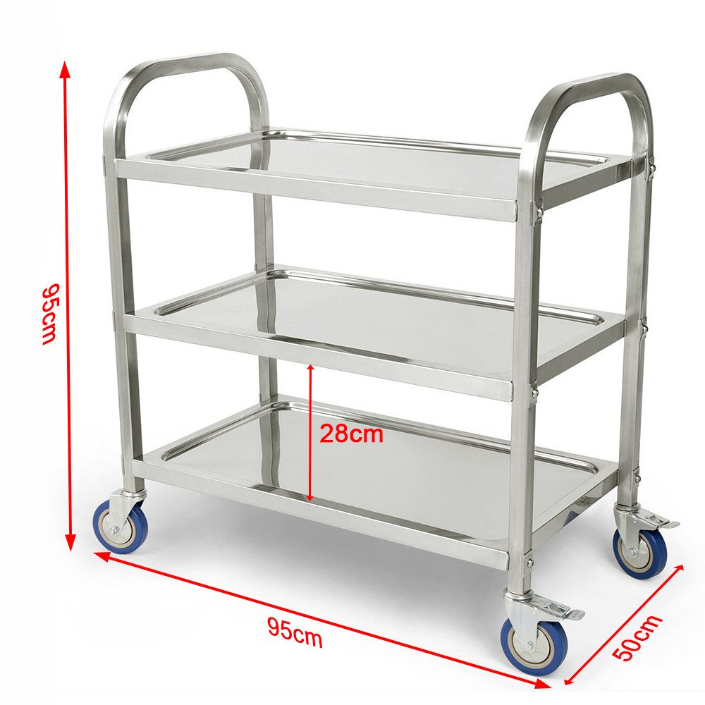 JEOBEST Küchenwagen Catering Servierwagen 3 Böden Edelstahlwagen mit Bremse Rädern, (Rollwagen, Rammschutz, vibrationsarme Schwenkrollen) Edelstahl