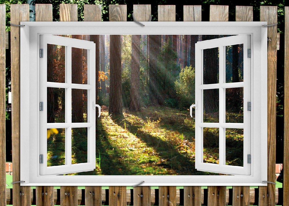 Thumbnail - Wallario Sichtschutzzaunmatten Sonnenstrahlen im Herbstwald, mit Fenster-Illusion
