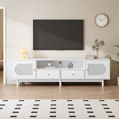 REDOM TV-Schrank Lowboard TV-Unterschrank (2 Türen, 2 Schubladen,für 80-Zoll-Fernseher) aus weißem Rattan, 180*40*56 cm