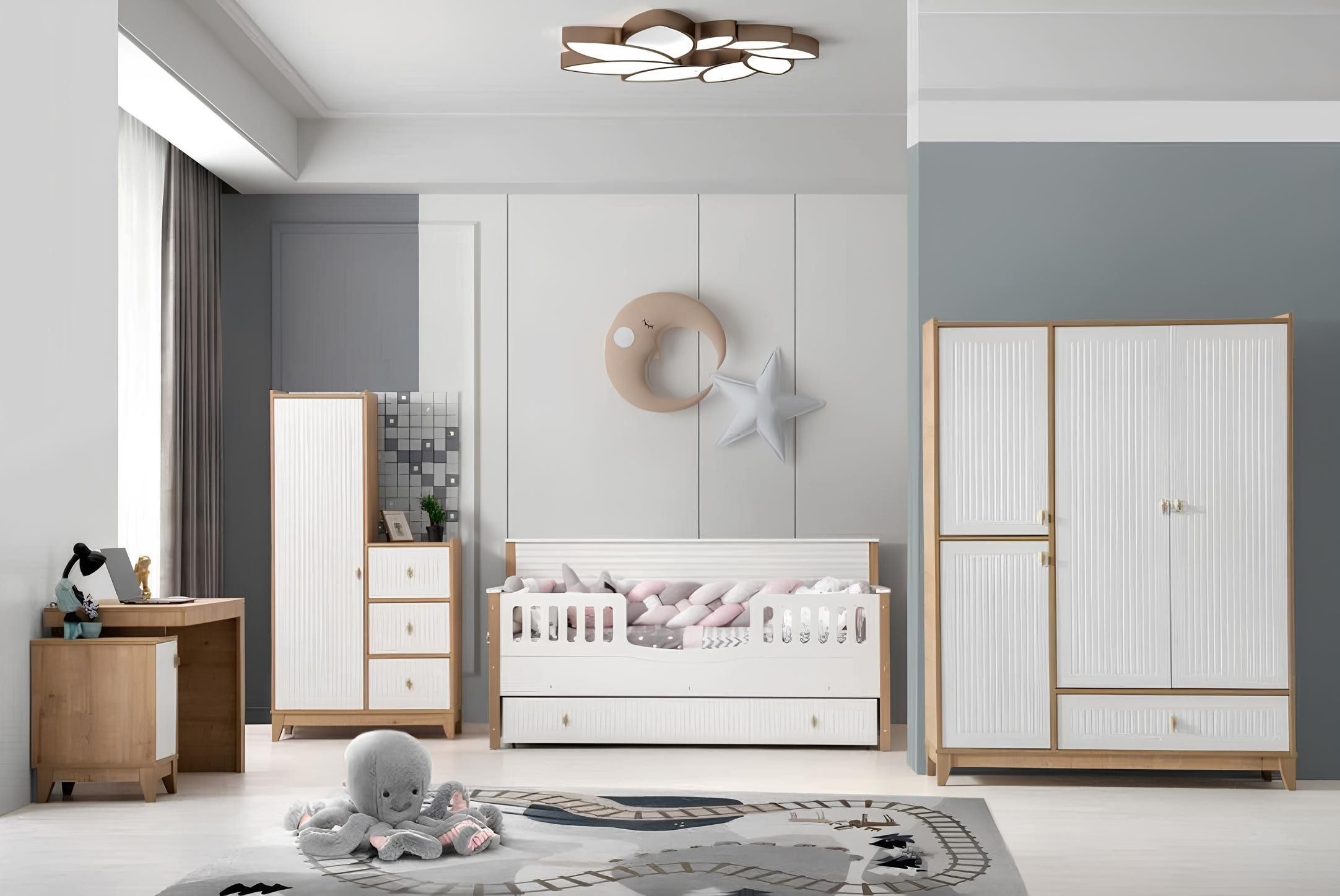 JVmoebel Babymöbel-Set Kinderzimmermöbel in Weiß mit Bett, Kleiderschrank und Schreibtisch, (4-tlg., 1x Bett + 2x Kleiderschrank + 1x Schreibtisch), Made in Europa