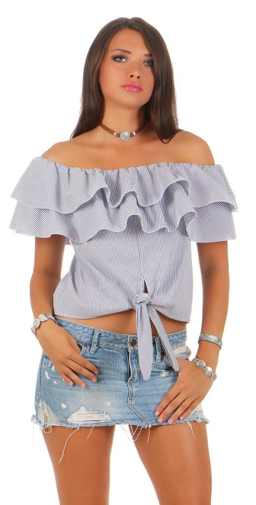 Mississhop Carmenbluse Elegantes Off-Shoulder Oberteil im Streifenlook mit Rüschen M.196