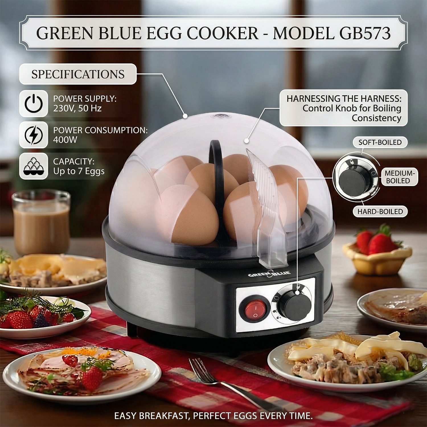 GreenBlue Eierkocher GB573 400W für 7 Eier, Anzahl Eier: 7 St., 400,00 W, Automatischer Eierkocher mit Messbecher weich/mittel/hart