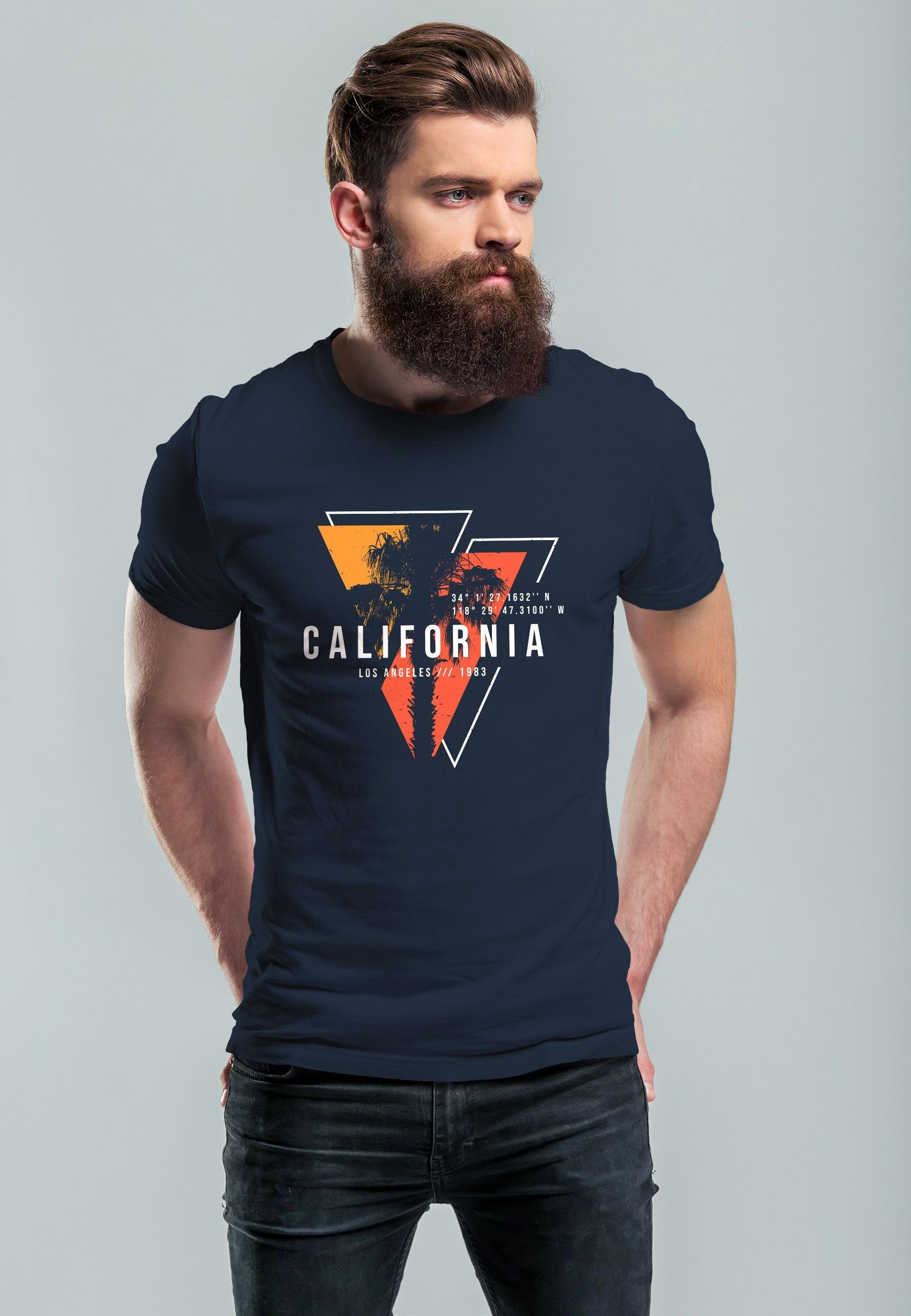 USA mit Print Fashion Herren Neverless Motiv Print-Shirt Surfing Angeles navy-gelb Los T-Shirt California Sommer