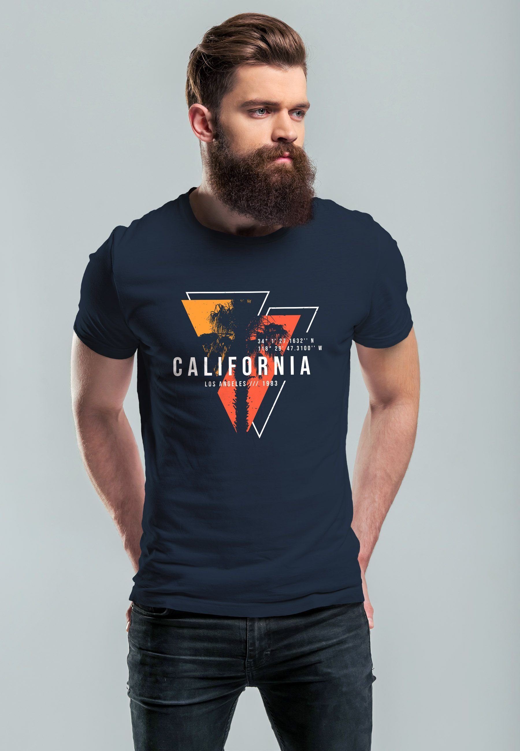 Neverless Print-Shirt Herren T-Shirt Motiv Sommer Los mit USA California Fashion Angeles Print Surfing navy-gelb