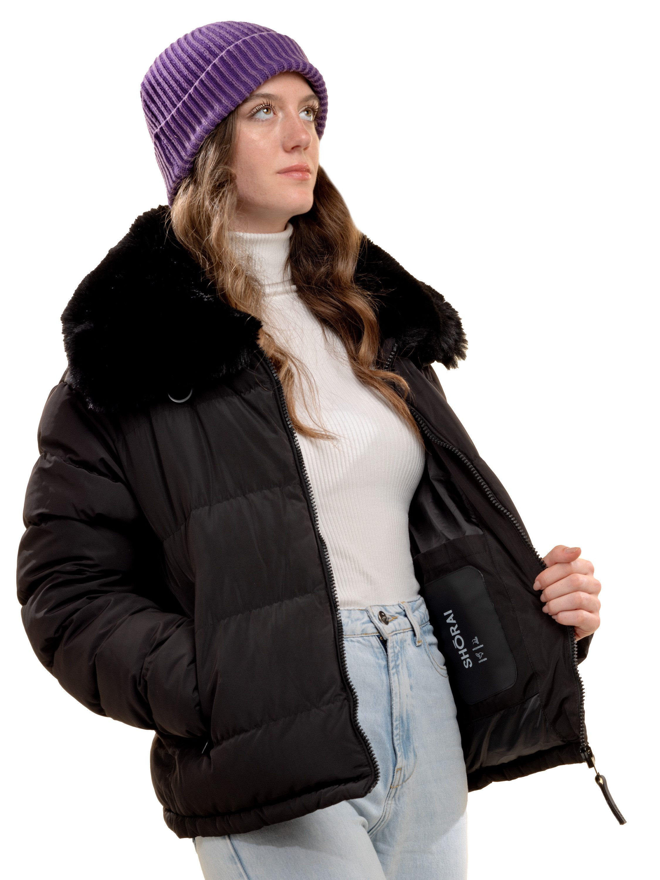 Shorai Steppjacke modische Kurzjacke mit Kunstfellkragen SH2404.537 schwarz, kurzer sportlicher Schnitt, Weitenregulierung in der Taille