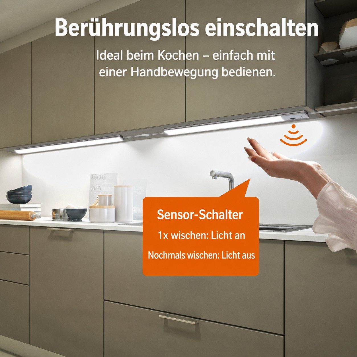 Futicare LED Unterbauleuchte Küche 2er-Set, ultraflach 8 mm, mit Handsensor, 3 Farbtemperaturen, dimmbar, 2800K/4000K/6500K, 2×40 cm, Netzbetrieb – Bild 4 von 5