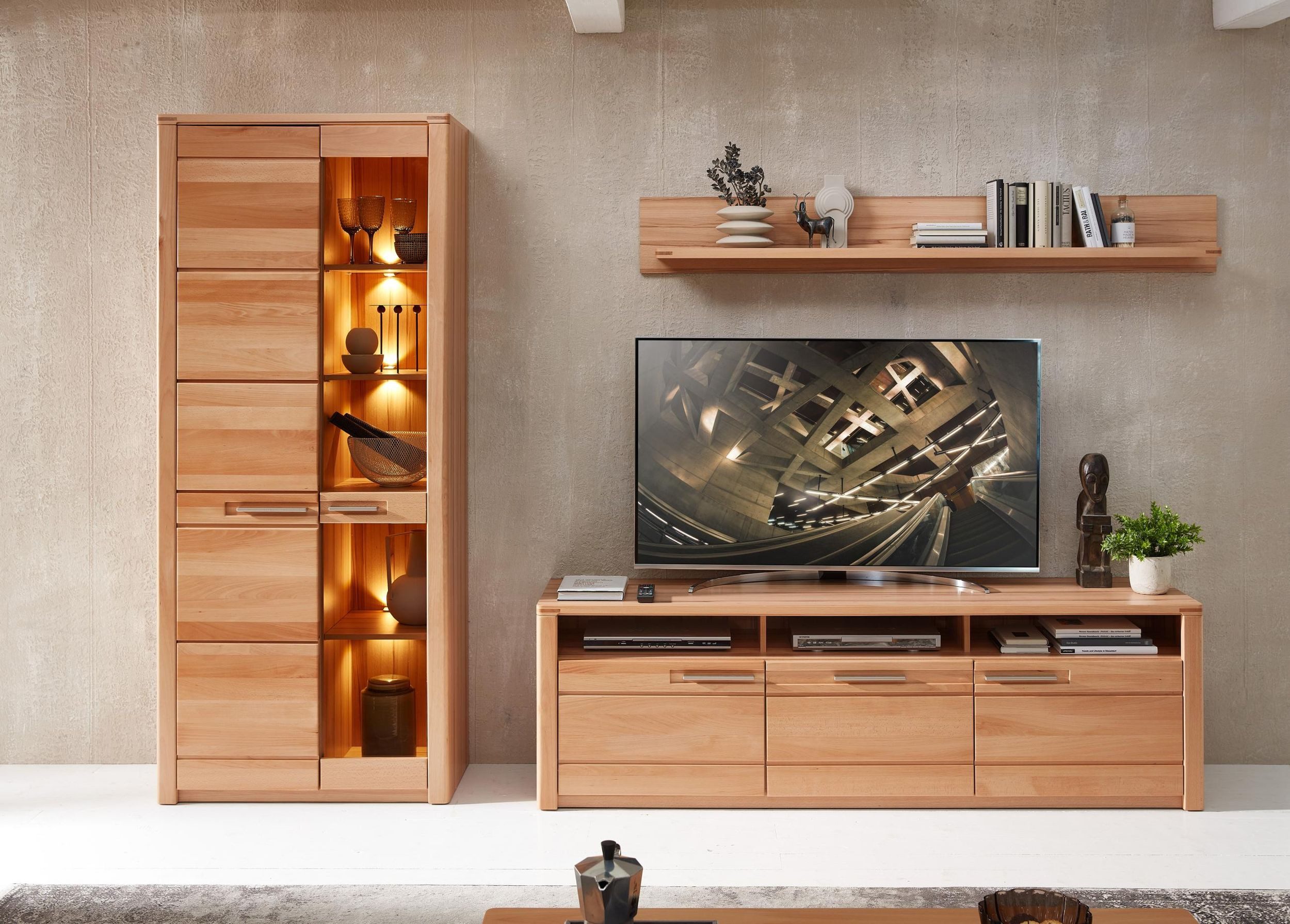 Innostyle Wohnwand Wohnwand NATURE ONE FF81 Front Kernbuche Massivholz - mit LED, (Komplett-Set, 3-St., Vitrine, TV-Lowboard, Wandboard)