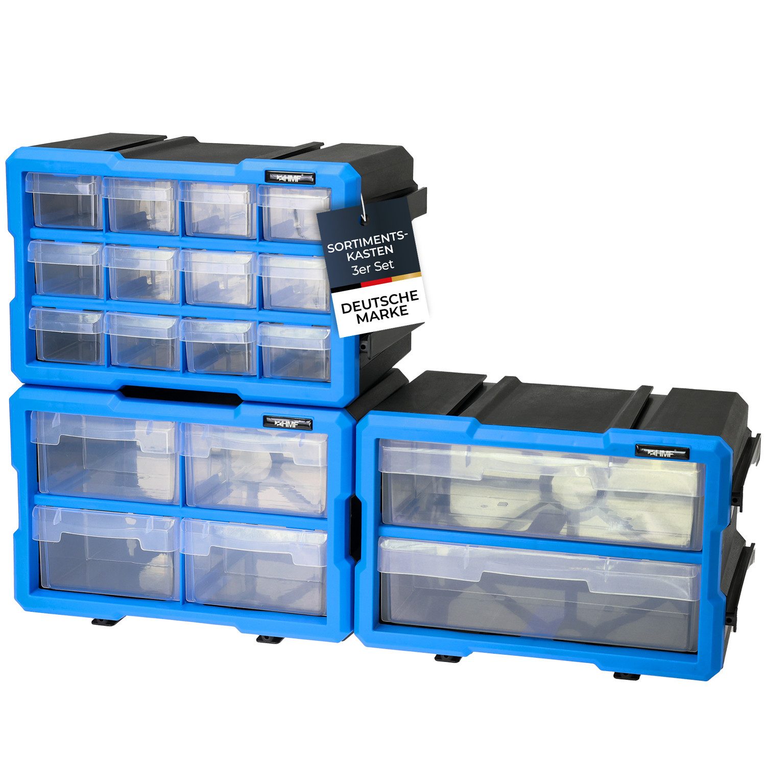 HMF Sortimentskasten Sortierbox für Kleinteile mit Schubladen, Sortimentskasten für (Set, 3 Boxen), Schrauben und Werkzeug, 36 Fächer, 29,5 x 19,5 x 16 cm, Blau-Schwarz
